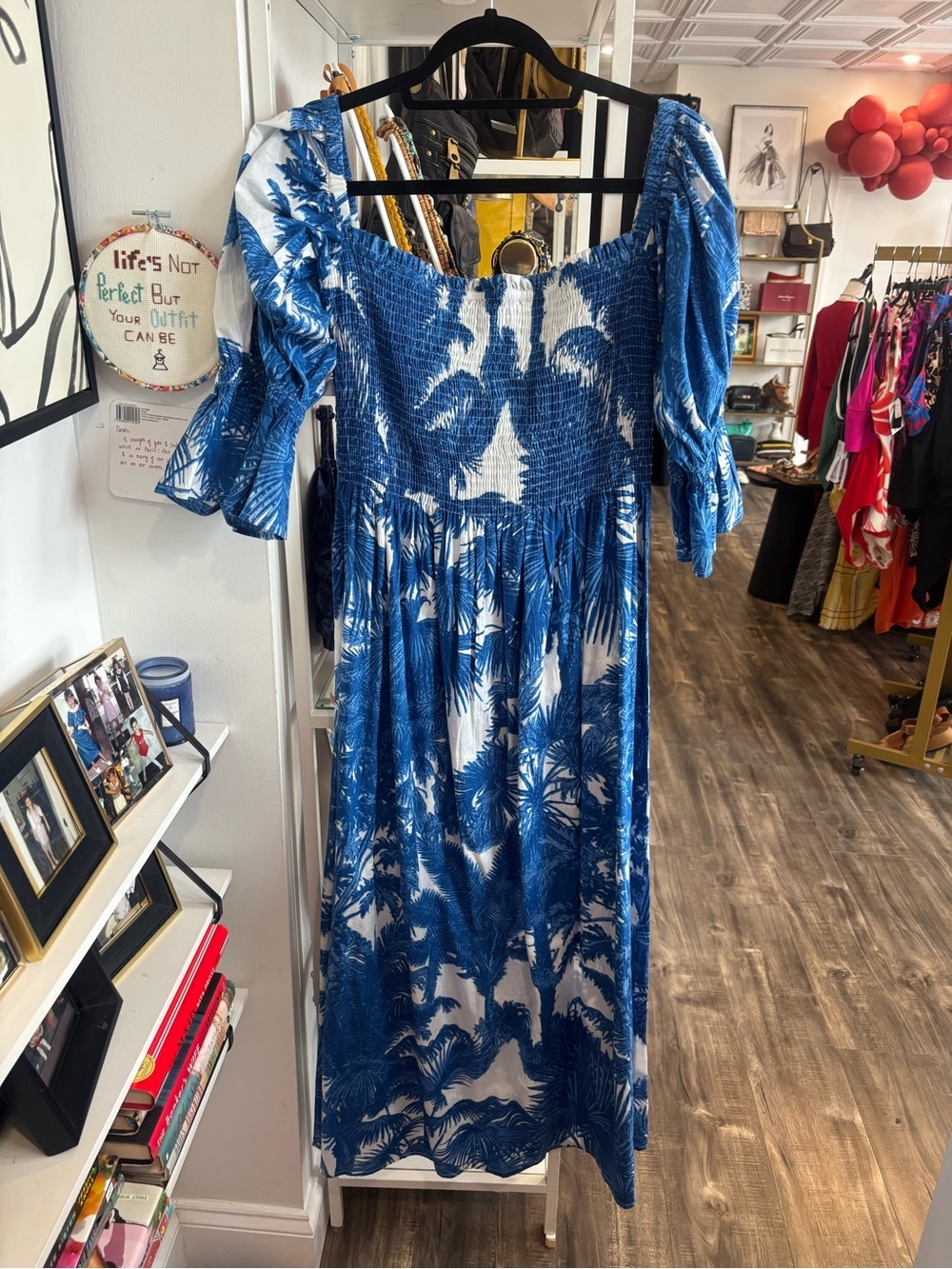 Mary Marshmallow Blue Palm-Print Smocked Maxi Dress